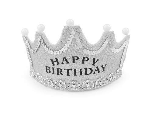 Korunka Happy Birthday svítící, barva 1 stříbrná