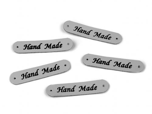 Nášivka / štítek z eko kůže Hand Made 10x48 mm, barva 6 šedá světlá mat