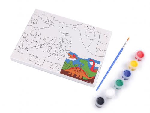 Malířské plátno 15x20 cm  s předtiskem, barvami a štětcem, barva 5 bílá dinosaurus