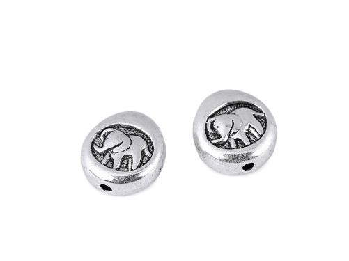 Kovový korálek / placka slon Ø11 mm, barva platina s patinou