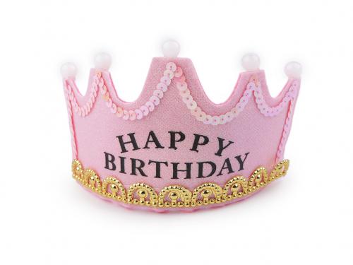 Korunka Happy Birthday svítící, barva 3 růžová sv.