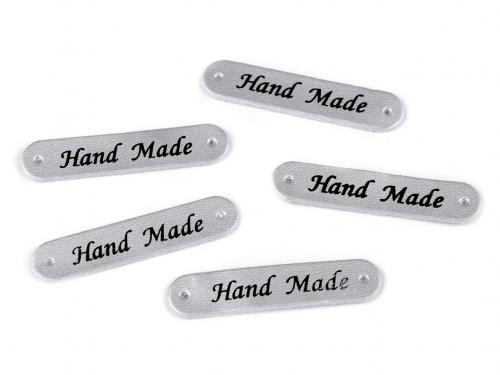 Nášivka / štítek z eko kůže Hand Made 10x48 mm, barva 4 stříbrná metalic