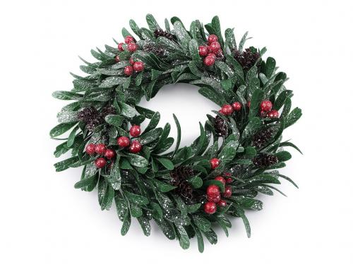 Umělý vánoční věnec jmelí s glitry Ø30 cm, barva 1 zelená šiška
