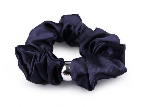 Saténová scrunchie gumička do vlasů / náramek s korálkem, barva 6 modrá pařížská