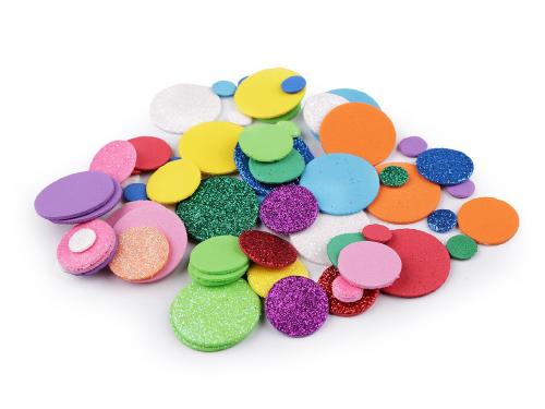 Pěnová guma Moosgummi kolečka s glitry - mix velikostí, barva mix