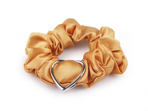 Saténová scrunchie gumička do vlasů / náramek srdce, barva 16 zlatá sv.