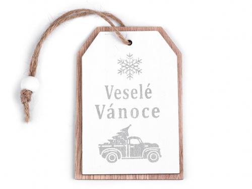 Dřevěný štítek / visačka Veselé Vánoce, barva bílá