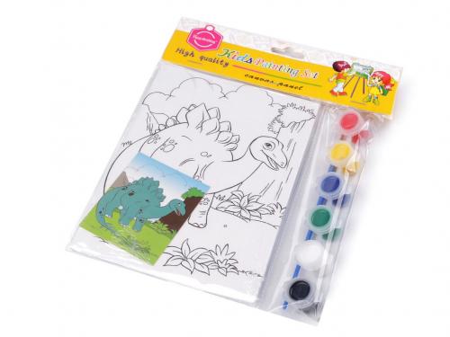 Malířské plátno 13x18 cm s předtiskem, barvami a štětcem, barva 8 bílá dinosaurus
