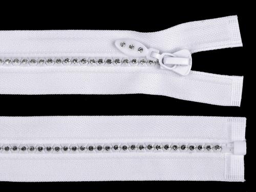 Kostěný zip šíře 4 mm délka 60 cm se štrasovými kamínky, barva 101 bílá