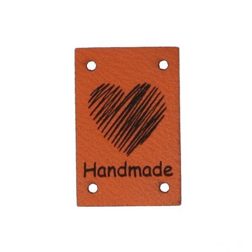 Štítek eko kůže SRDCE - HANDMADE 30 x 20 mm, barva Hnědá