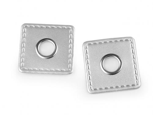Průchodka s koženkovým čtverečkem k našití, průvlek 10 mm, barva 1 stříbrná