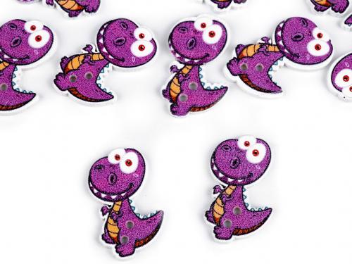 Dřevěný dekorační knoflík opice, dinosaurus, ptáček, barva 2 fialová dinosaurus