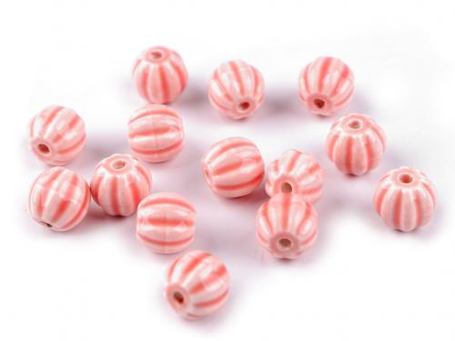 Porcelánové korálky rýhované Ø13 mm, barva 2 pudrová