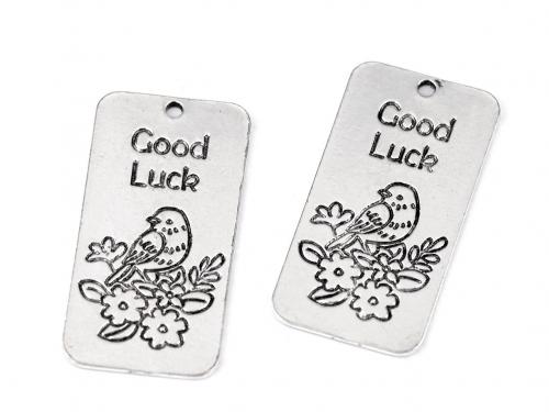 Přívěsek / štítek ptáček Good Luck, Dreams 25x49 mm, barva 2 platina