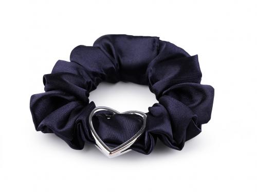 Saténová scrunchie gumička do vlasů / náramek srdce, barva 6 modrá pařížská