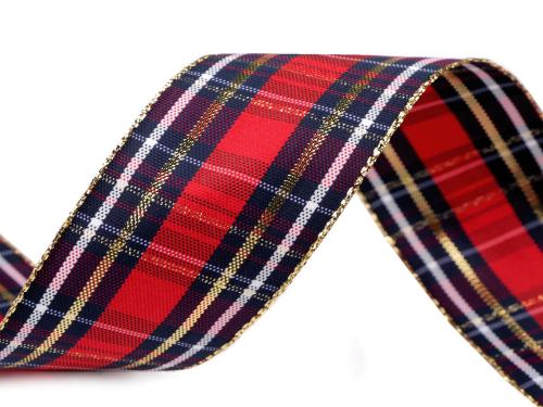 Prima-obchod Károvaná stuha s lurexem a drátem šíře 40 mm, barva 1 červená zlatá