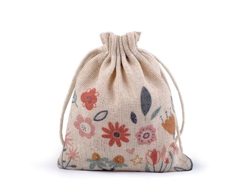 Prima-obchod Dárkový pytlík jarní 10x13 cm lněný s květy, barva 2 režná