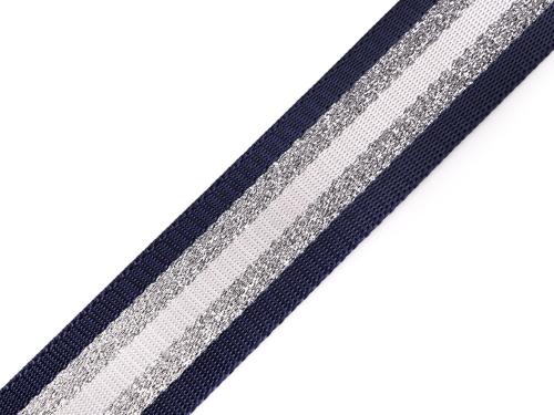 Prima-obchod Hladký oboustranný popruh s lurexem šíře 38 mm, barva 7 modrá tmavá stříbrná