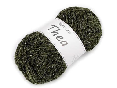 Prima-obchod Pletací příze žinylková s lurexem Thea 100 g, barva 5 zelená khaki stříbrná