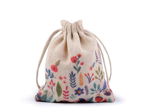Prima-obchod Dárkový pytlík jarní 10x13 cm lněný s květy, barva 1 režná