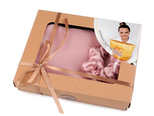 Prima-obchod Saténová Beauty sada na spaní, povlak a scrunchie gumička, barva 11 pudrová