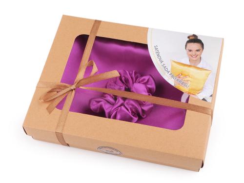 Prima-obchod Saténová Beauty sada na spaní, povlak a scrunchie gumička, barva 19 fialová orchidej