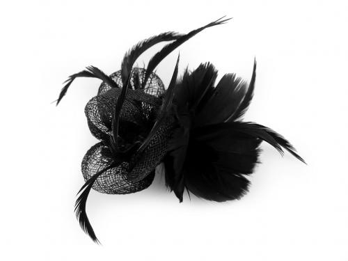 Fascinátor / brož květ s peřím, barva 2 černá