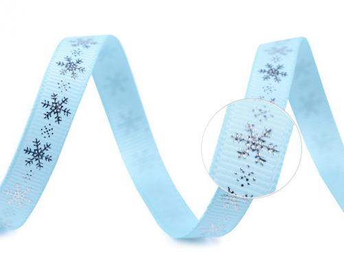 Rypsová stuha vločky šíře 10 mm vánoční, barva 6 modrá světlá