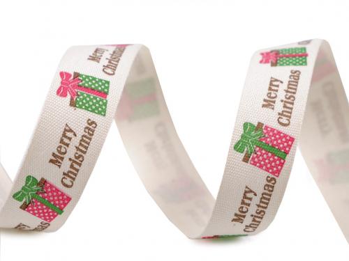 Bavlněná stuha šíře 15 mm Merry Christmas, cesmína, barva 2 režná světlá dárek
