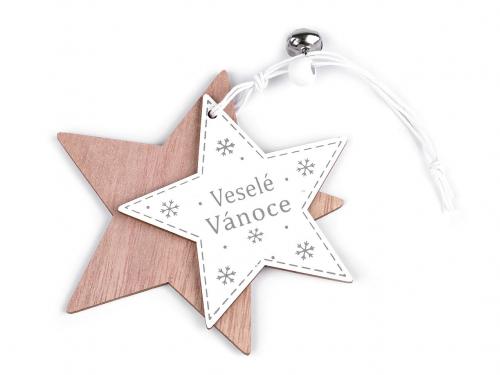 Dvojitý dřevěný štítek / visačka Veselé Vánoce, barva 2 bílá hvězda