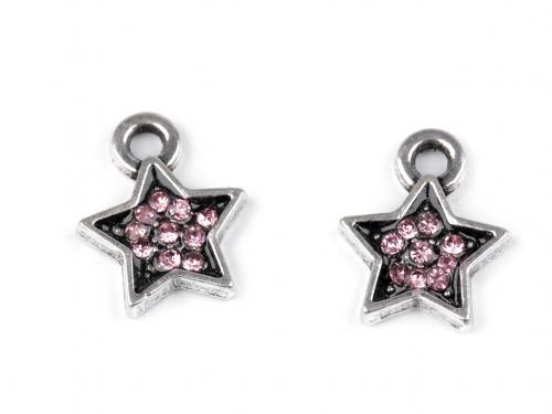 Přívěsek mini hvězda s broušenými kamínky Ø9 mm, barva 2 růžová sv.