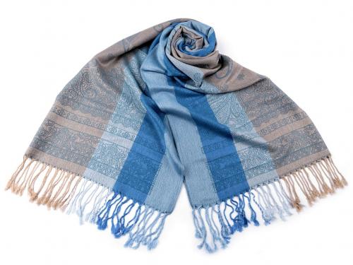 Šátek / šála typu pashmina s třásněmi 65x180 cm, barva 11 béžová modrá světlá