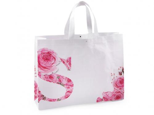 Taška z netkané textilie s květy růže 30x40 cm, barva 1 bílá