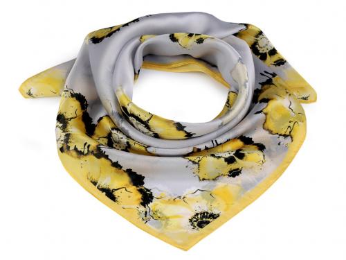 Saténový šátek 50x50 cm, barva 14 šedá sv. květy