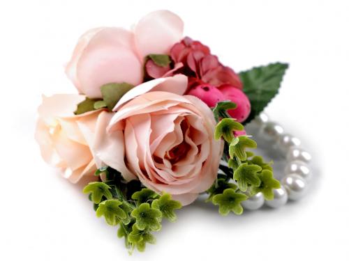 Perlový náramek svatební pro družičky s květy, barva 1 pudrová