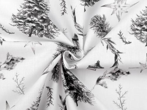 Vánoční bavlněná látka / plátno stromeček, barva 2 (CH8) bílá šedá