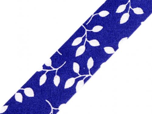 Šikmý proužek bavlněný s květy, mašle šíře 20 mm zažehlený, barva 860249/10 modrá