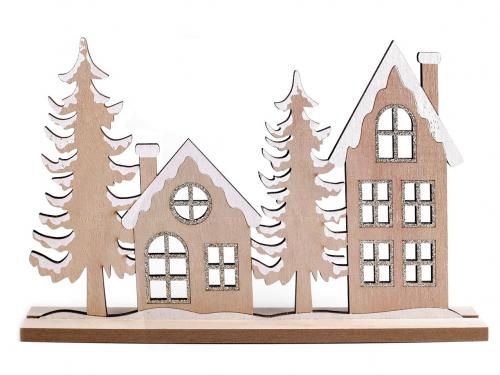Dřevěná dekorace zimní domečky, barva hnědá přírodní