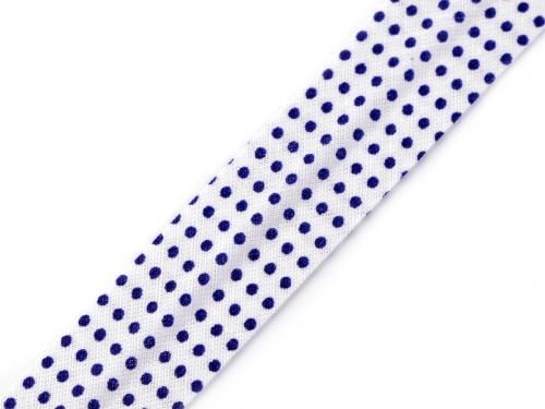 Šikmý proužek bavlněný puntík, káro, hvězdy, jemný proužek šíře 20 mm zažehlený, barva 860253/5 modrá tmavá puntíky