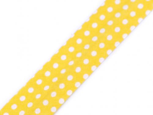 Šikmý proužek bavlněný puntík, káro, hvězdy, jemný proužek šíře 20 mm zažehlený, barva 380798/10 žlutá puntíky