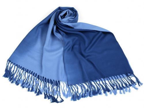 Šátek / šála ombré s třásněmi 65x180 cm, barva 9 modrá modrá světlá