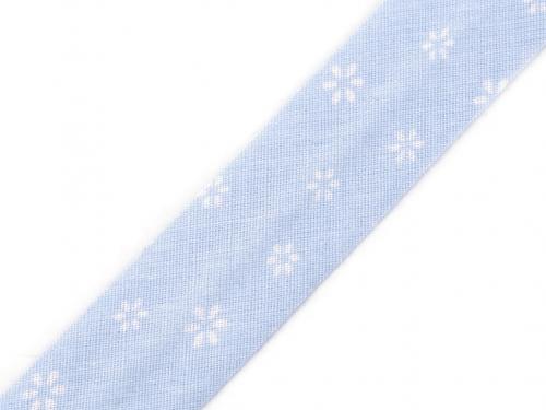 Šikmý proužek bavlněný s květy, mašle šíře 20 mm zažehlený, barva 860106/3 modrá světlá