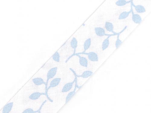 Šikmý proužek bavlněný s květy, mašle šíře 20 mm zažehlený, barva 860249/3 modrá světlá