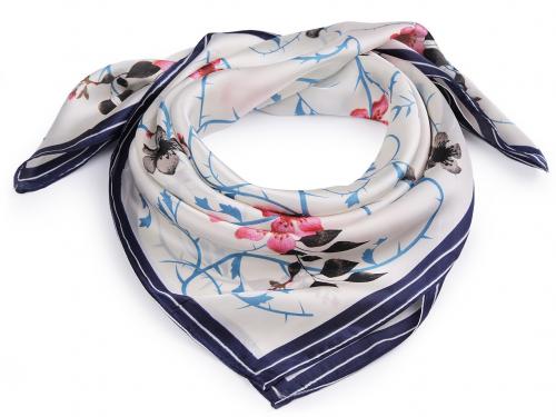 Saténový šátek květy 70x70 cm, barva 2 modrá tmavá