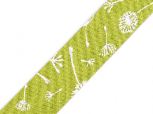 Šikmý proužek bavlněný s květy, mašle šíře 20 mm zažehlený, barva 860661/2 zelená sv. pampeliška