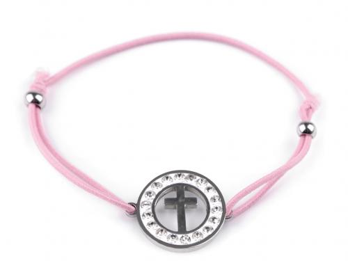 Náramek pružný s přívěskem z nerezové oceli s broušenými kamínky, barva 11 růžová sv. křížek