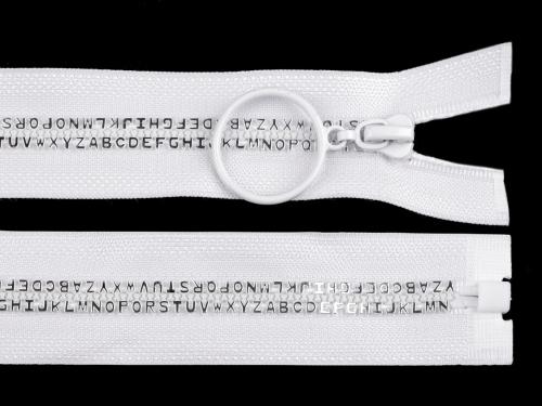 Kostěný zip šíře 5 mm délka 50 cm písmenka, barva 101 bílá stříbrná