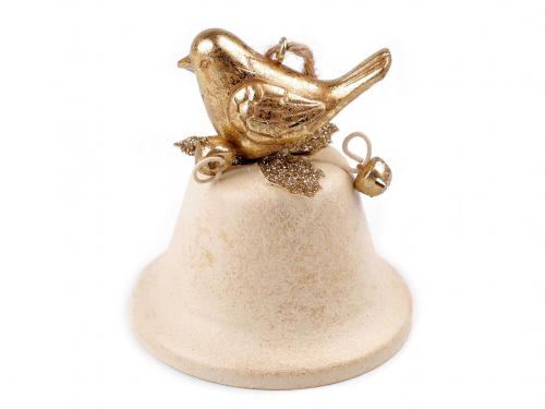 Kovový zvoneček s ptáčkem k zavěšení Ø75 mm, barva 2 krémová světlá zlatá