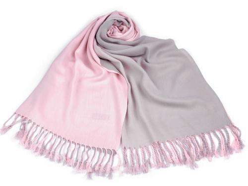 Šátek / šála ombré s třásněmi 65x180 cm, barva 2 růžová sv. šedá světlá
