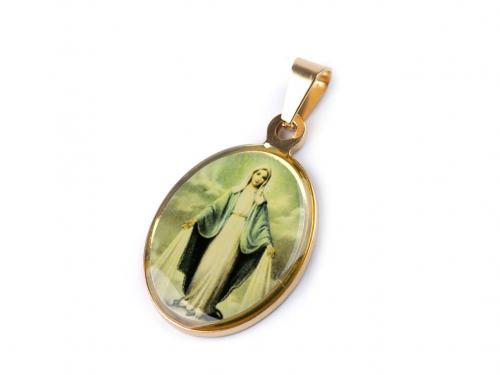 Přívěsek z chirurgické oceli Panna Marie, Ježíš, barva 4 zelená jablková zlatá